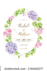 floral wedding invitation card, Hydrangea, pink flower and greenery. watercolor style.