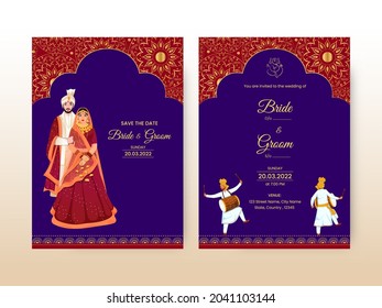 Floral Wedding Invitation Card With Indian Bridegroom Character In Front And Back View.