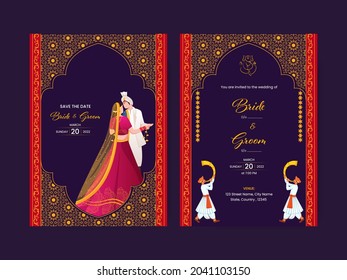 Floral Wedding Invitation Card With Indian Bridegroom Character And Event Details.