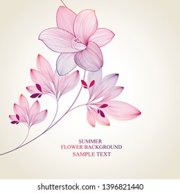 Floral wedding invitation card with lily  flowers. Gentle abstract floral background. Vector element for print, design.