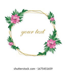 Floral wedding invitation card with rose, pion, leaves. Botanical template with golden frame. 