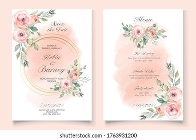 Floral wedding invitation card. rose leaves in watercolor style. modern card Design Vector template 