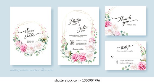 Floral wedding Invitation card, save the date, thank you, rsvp template. Vector. White and pink rose flower, silver dollar plant, olive leaves, Wax flower.