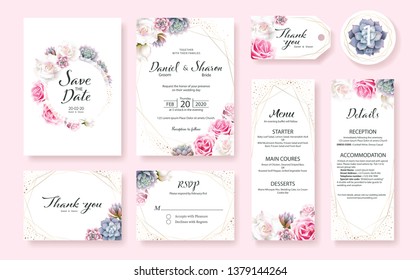 Floral Wedding Invitation Card, Save The Date, Thank You, Rsvp, Table Label, Menu, Details, Tage Template. Vector. Pink And White Rose Flower, Succulent Plants.