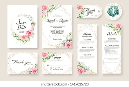 Floral Wedding Invitation card, save the date, thank you, rsvp, table label, tage template. Vector. Rose flower, Succulent, greenery plants.