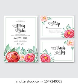 Floral Wedding Invitation card, save the date, thank you, rsvp, table label, tage template. Vector. Rose flower, Succulent, greenery plants