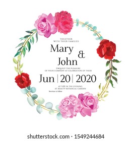 Floral Wedding Invitation card, save the date, thank you, rsvp, table label, menu, details, tage template. Vector. Pink and White Rose flower, Succulent plants