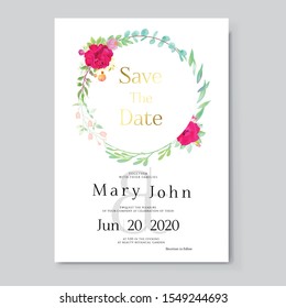 Floral Wedding Invitation card, save the date, thank you, rsvp, table label, menu, details, tage template. Vector. Pink and White Rose flower, Succulent plants