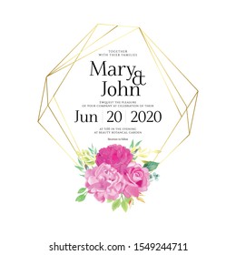 Floral Wedding Invitation card, save the date, thank you, rsvp, table label, menu, details, tage template. Vector. Pink and White Rose flower, Succulent plants