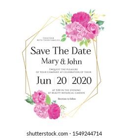 Floral Wedding Invitation card, save the date, thank you, rsvp, table label, menu, details, tage template. Vector. Pink and White Rose flower, Succulent plants