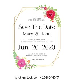 Floral Wedding Invitation card, save the date, thank you, rsvp, table label, menu, details, tage template. Vector. Pink and White Rose flower, Succulent plants