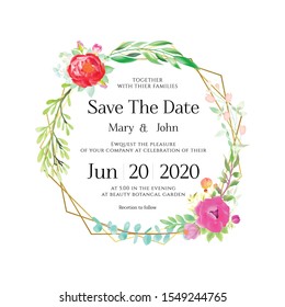 Floral Wedding Invitation card, save the date, thank you, rsvp, table label, menu, details, tage template. Vector. Pink and White Rose flower, Succulent plants