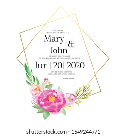 Floral Wedding Invitation card, save the date, thank you, rsvp, table label, menu, details, tage template. Vector. Pink and White Rose flower, Succulent plants