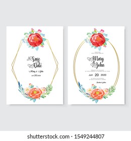 Floral Wedding Invitation card, save the date, thank you, rsvp, table label, menu, details, tage template. Vector. Pink and White Rose flower, Succulent plants