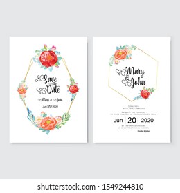 Floral Wedding Invitation card, save the date, thank you, rsvp, table label, menu, details, tage template. Vector. Pink and White Rose flower, Succulent plants