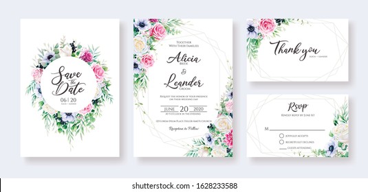 Floral Wedding Invitation card, save the date, thank you, rsvp template. Vector. Rose flower, greenery plants. Watercolor style.	