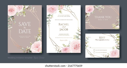 Floral wedding Invitation card, save the date, thank you, rsvp template. Pink rose with greenery.