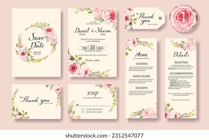 Floral Wedding Invitation card, save the date, thank you, rsvp, table label, tage template. Vector. Rose flower, greenery plants. watercolor style