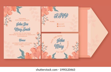 Cartão De Convite De Casamento Floral Conjunto Com Envelope No Fundo Laranja.