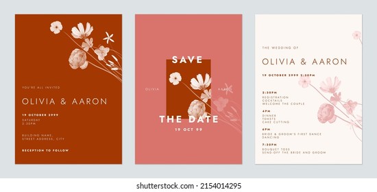 Floral wedding invitation card set template design, various monochrome flower bouquet, red theme