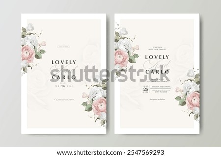 floral wedding invitation card set template with ranunculus flower and creamy background