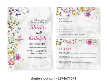 Suite de tarjetas de invitación de boda floral con plantillas de flores silvestres, tarjeta rsvp, tarjeta de detalles para imprimir ilustración vectorial.