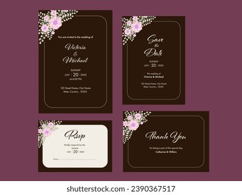 Floral Wedding Invitation Card Suite in White and Brown Color.