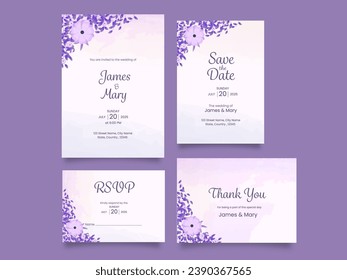 Floral Wedding Invitation Card Suite Presenting on Purple Background for Ready to Print.
