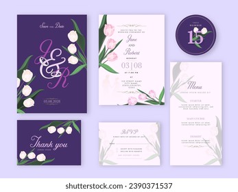 Floral Wedding Invitation Card Suite in White and Violet Color.