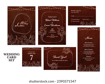 Floral Wedding Invitation Card Suite Template Layout in Brown Color.