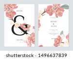 Floral wedding invitation card template design, pink Japanese quince flowers with ampersand lettering on white, pastel vintage theme