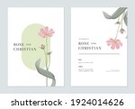 Floral wedding invitation card template design, pink cosmos flowers with leaves