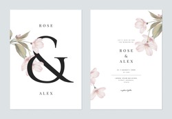 Floral Wedding Invitation Card Template Design, Somei Yoshino Sakura Flowers With Leaves With Ampersand Lettering On White, Pastel Vintage Theme