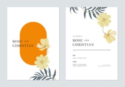 Floral Wedding Invitation Card Template Design, Orange Cosmos Flowers With Leaves
