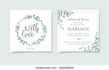 "Floral wedding invitation card template. Translation of the French text shown in the preview image : Juliette & Bruno have the pleasure to invite you to their wedding on Saturday, June 16, 2018