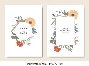 Floral wedding invitation card template design, bouquets of orange gerbera, paenia lactiflora, Thalictrum delavayi, hibiscus and leaves with circle and rectangle frames on white, vintage style Floral wedding invitation card template design, bouquets of orange gerbera, paenia lactiflora, Thalictrum delavayi, hibiscus and leaves with circle and rectangle frames on white, vintage style