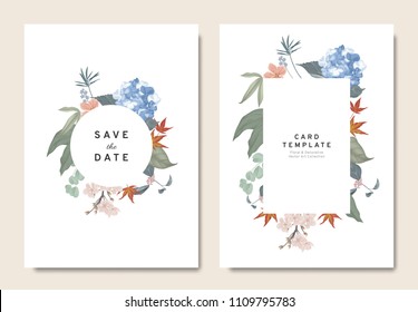 Floral wedding invitation card template design, bouquets of blue hydrangea, sakura and leaves with circle and rectangle frames on white background, vintage style