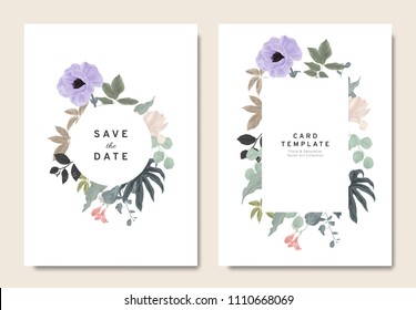 Floral wedding invitation card template design, bouquets of purple anemone, magnolia, freesia and leaves with circle and rectangle frames on white background, vintage style