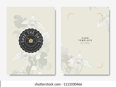 Floral wedding invitation card template design, hand drawn Clematis alpina flowers on light brown background, vintage style