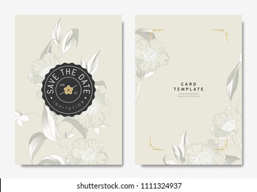 Floral wedding invitation card template design, hand drawn camellia flowers on light brown background, vintage style