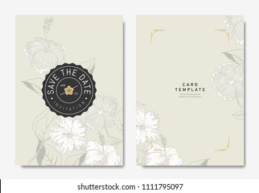 Floral wedding invitation card template design, hand drawn hibiscus flowers on light brown background, vintage style