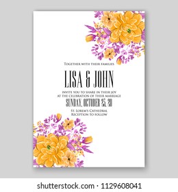 Floral wedding invitation card template Watercolor flowers peony anemone dahlia rose sunflower