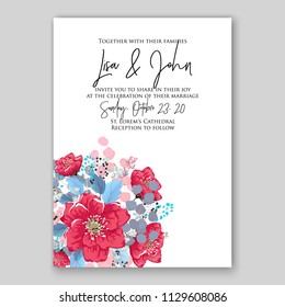 Floral wedding invitation card template Watercolor flowers peony anemone dahlia rose 