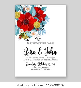 Floral wedding invitation card template Watercolor flowers peony anemone dahlia rose 