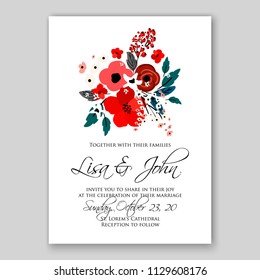 Floral wedding invitation card template Watercolor flowers peony anemone dahlia rose red poppy