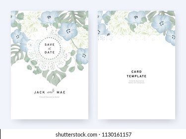 Floral wedding invitation card template design, blue Nemophila, white dahlia flowers and leaves with lace frame on white background, pastel vintage theme