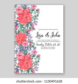 Floral wedding invitation card template Watercolor flowers red pink peony anemone dahlia rose 