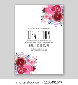 Floral wedding invitation card template Watercolor flowers red pink peony anemone dahlia rose 
