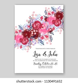 Floral wedding invitation card template Watercolor flowers red pink peony anemone dahlia rose 