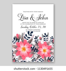 Floral wedding invitation card template Watercolor flowers red pink peony anemone dahlia rose 